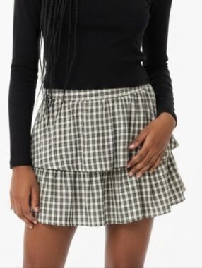 Urban Social Womens 2 Tiered Skirt Sz L Black & Tan Plaid  Side Zip Summer Days